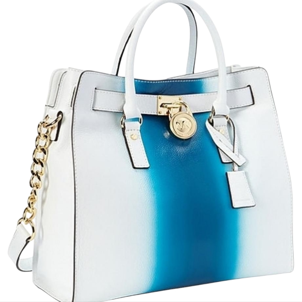 HP. Michael Kors Hamilton Optic White Summer Blue Gold Lock & Key Satchel Bag